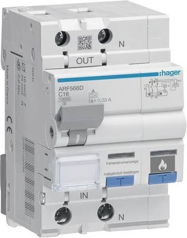 Hager RCBO FI-Schutzschalter und Leitungsschutzschalter ARF566D, 2-polig, 16A, 0,03A, 230V, Blau/Weiß - Bild 1