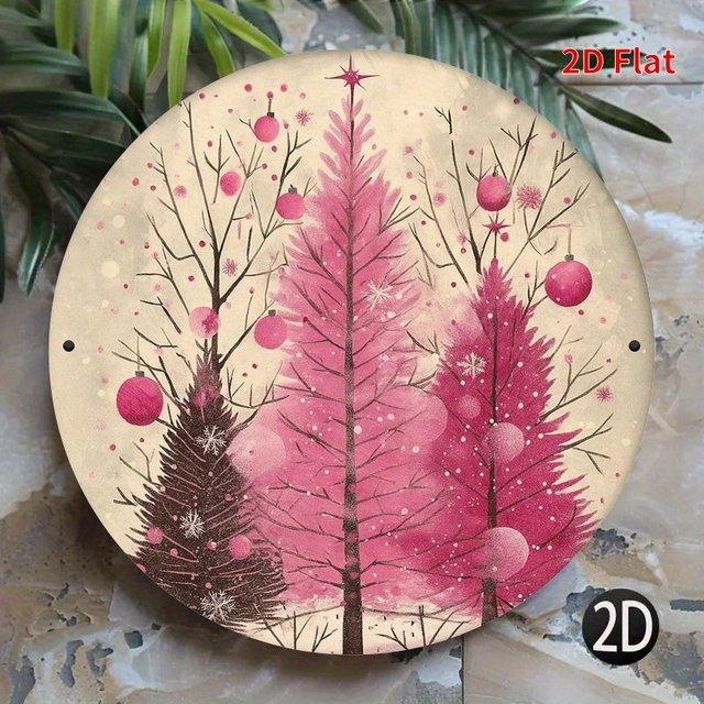 Potdemiel Rundes Metallschild Weihnachtsbaum Rosa mit Schneeflocken und Ornamenten als Wandkunst im Landhausstil Durchmesser: 20 cm - Bild 1