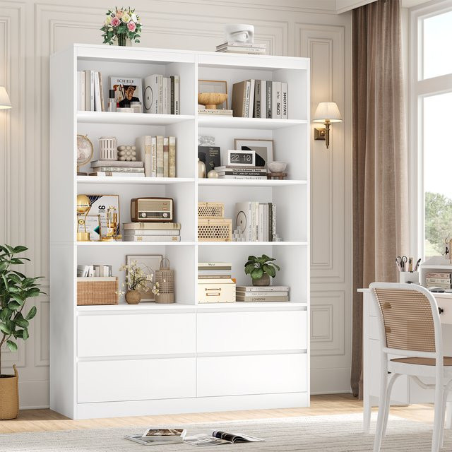 Getone Bücherregal Hochschrank in Weiß mit 4 Schubladen und 8 Fächern, B/H/T: 120 x 180 x 30 cm - Bild 1