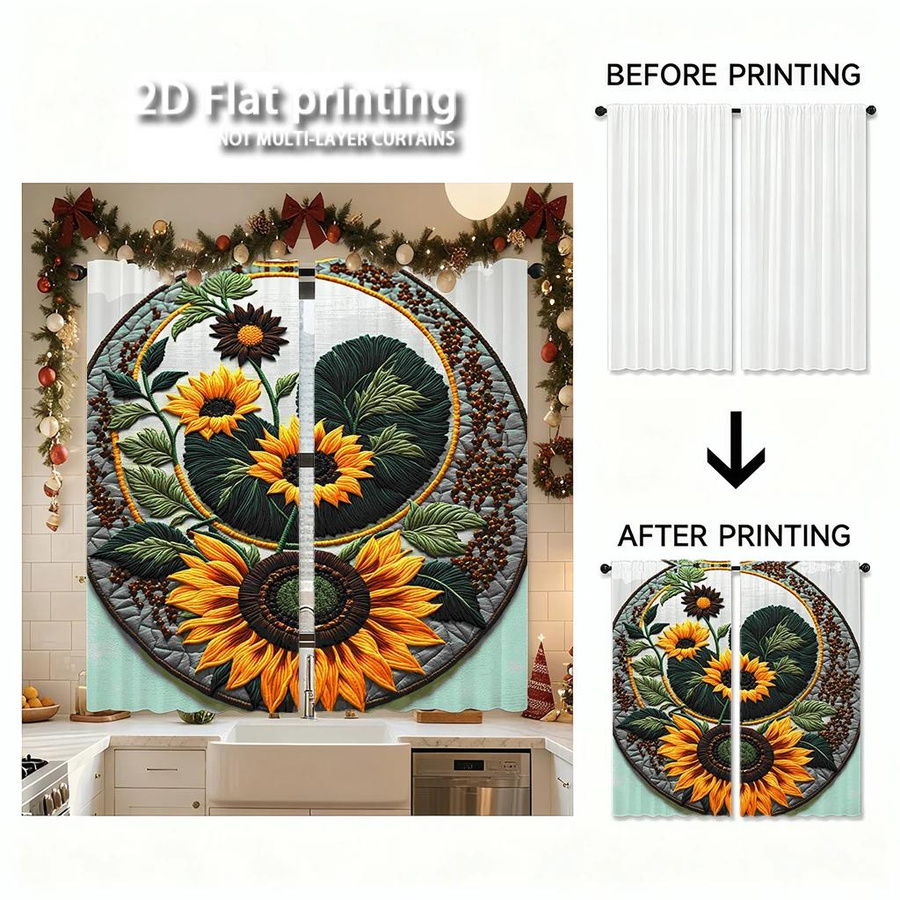 Set aus 2 Vorhangrundungen mit Sonnenblumen-Stickerei in Gelb und Grün, Digitaldruck aus Polyester mit Stangentasche, Breite: 100 cm, Höhe: 130 cm - Bild 3