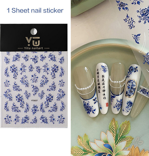 HNKMP Nail Art Aufkleber, Blau Weiß Porzellan Stil, Blume, Glänzend - Bild 1