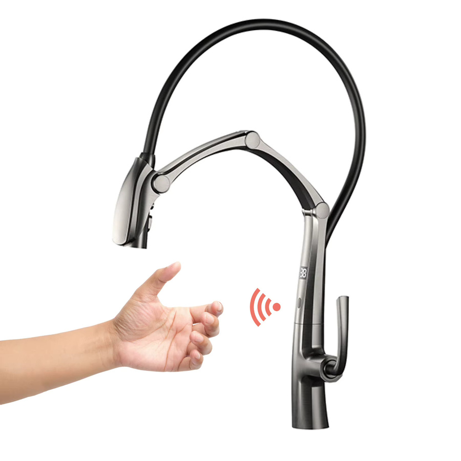 Gestana Küchenarmatur aus Messing in Gunmetal mit LED-Anzeige, Sensor und ausziehbarem 3-Funktionsspray, berührungsloser Hochdruck-Wassersparhahn - Bild 4