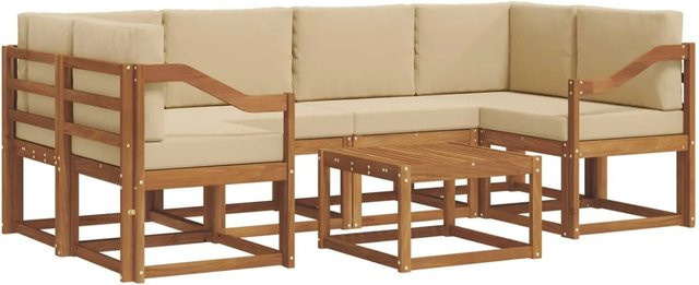 vidaXL Outdoor-Sofagarnitur 7-teilig aus Akazienholz in Natur und Beige mit L-Form und Kissen - Bild 1