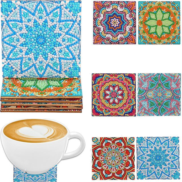 6er Set DIY Diamant-Malerei Kunstset mit Mandala-Blumenmuster und Untersetzern in Multicolor - Bild 1