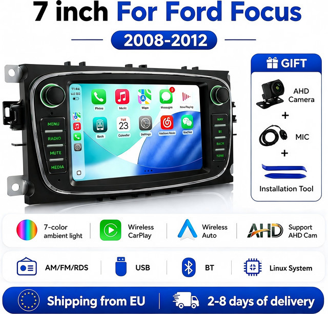 MEKEDE 7 Zoll Android Autoradio mit Linux-System für Ford Focus Mk2 S-Max Mondeo Galaxy C-Max, kabelloses CarPlay und Android Auto, Schwarz - Bild 1