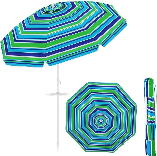 GOFLAME Sonnenschirm mit Getränkehalter und Erdspieß, gestreift in Green Multicolour, UPF 50+, Durchmesser: 200 cm - Bild 1