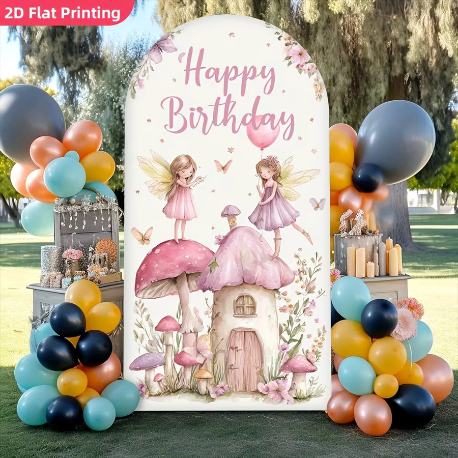 VIKAMA Feen-Pilzhaus Bogenhintergrund mit Schmetterlingen und Blumen, Stretch-Banner für Mädchen-Geburtstagspartys, Mehrfarbig, Breite: 120 cm, Höhe: 50 cm - Bild 2