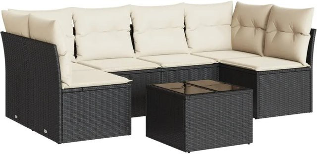 vidaXL 7-tlg Garten-Sofagarnitur in L-Form aus Polyrattan mit Kissen und Tisch, Schwarz - Bild 1