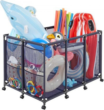 VEVOR Pool Storage Bin mit Rollen und Seitentaschen, Rollbarer Pool Float Organizer aus Metall mit Mesh-Korb für Schwimmbadspielzeug, B/T/H: 125 x 84 x 84 cm, Schwarz/Blau - Bild 1