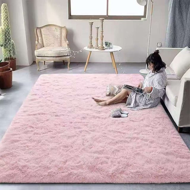 VIKAMA Batik-Teppich in Grau und Pink, flauschiger Kunstfell-Teppich mit abstraktem Design für Wohnzimmer, Schlafzimmer oder Kinderzimmer - Bild 1