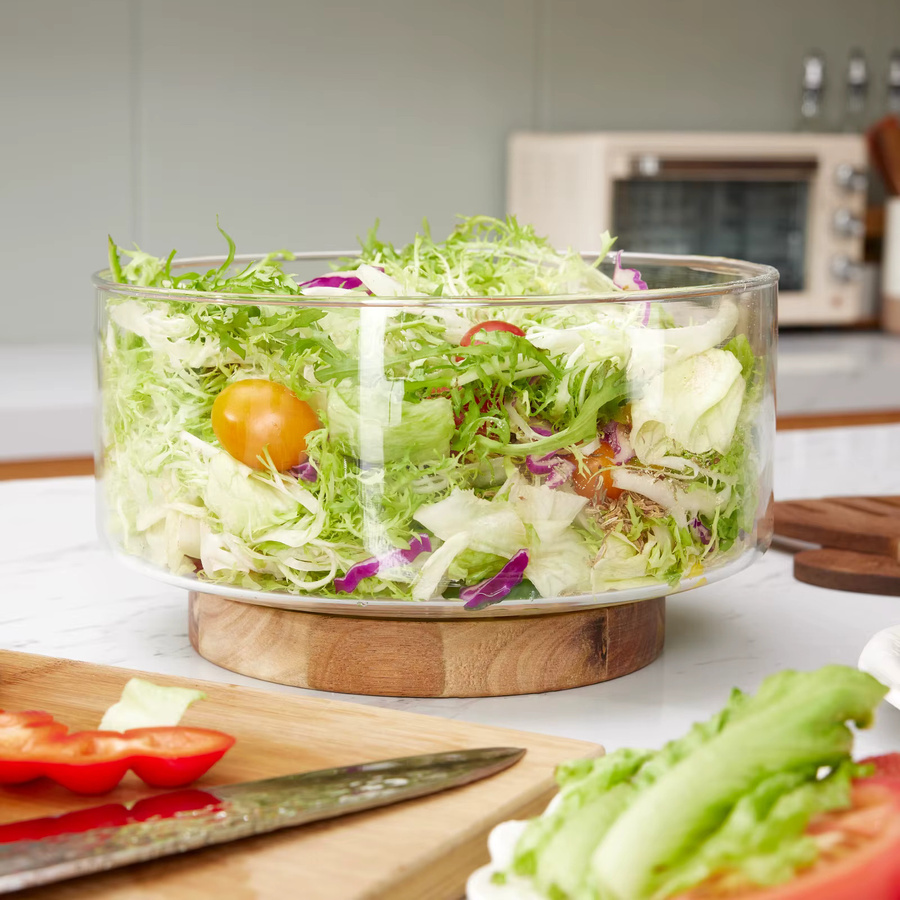 KEMORELA Glas Obstschale mit Holzsockel in Transparent, ideale Schüssel für Salate, Snacks, Popcorn oder Nüsse - Bild 4