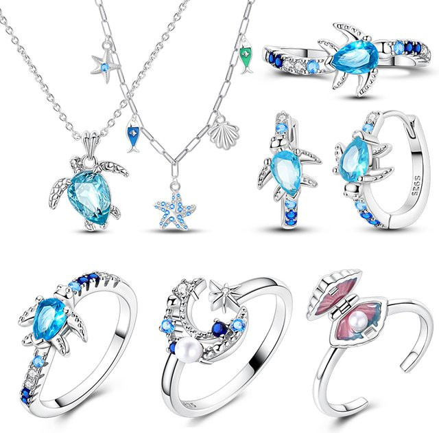 Pandach Schmuck-Set, Schildkröte, Blau, Zirkonia, Silber, Damen - Bild 1