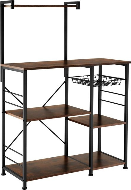 tectake Küchenregal Crawley Industrial Style aus Stahl und Holzelementen mit 6 Ablagen und ausziehbarem Gitterkorb, Schwarz/Braun, B/T/H: 90 x 40 x 131,5 cm - Bild 2