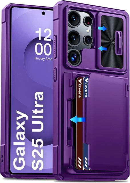 BANGZAO Handyhülle für Galaxy S25 Ultra mit Kartenhalter für 4 Karten, Kameraabdeckung und Ständer in Lila - Bild 1