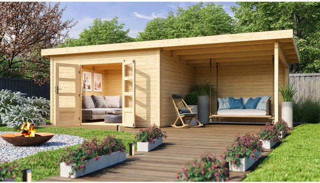 Karibu Holz-Gartenhaus Karlskoga 4 Pultdach Unbehandelt Braun B: 365 cm, T: 305 cm, H: 229 cm - Bild 1