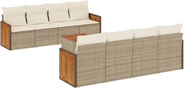 vidaXL 9-teilige Garten-Sofagarnitur aus Poly-Rattan und Akazienholz in Beige-Creme mit Kissen - Bild 1