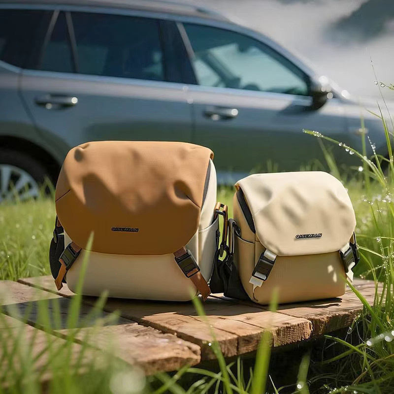 QISEMIAN Outdoor-Freizeit-Fototasche als Crossbody-Tasche für DSLR- und Einzelobjektiv-Kameras in Orange und Beige - Bild 2
