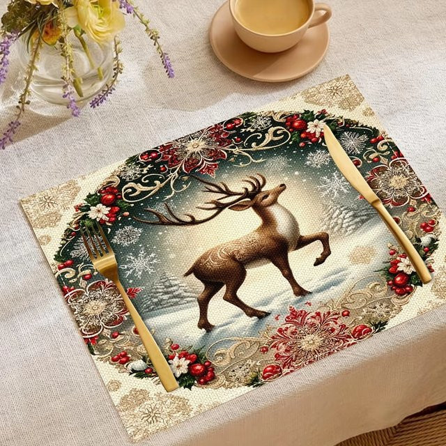 VIKAMA 4 Stück Weihnachts-Tischsets mit Rentier-Schneeflocken, wasserdicht und wärmeisolierend, Mehrfarbig, B/T: 45 x 30 cm - Bild 1