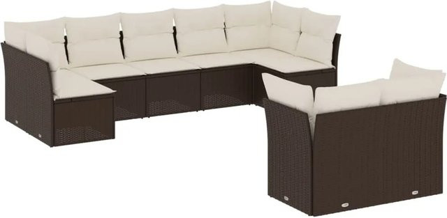 vidaXL 9-teilige Garten-Sofagarnitur in L-Form aus braunem Poly-Rattan mit cremeweißen Kissen und Stauraum - Bild 1