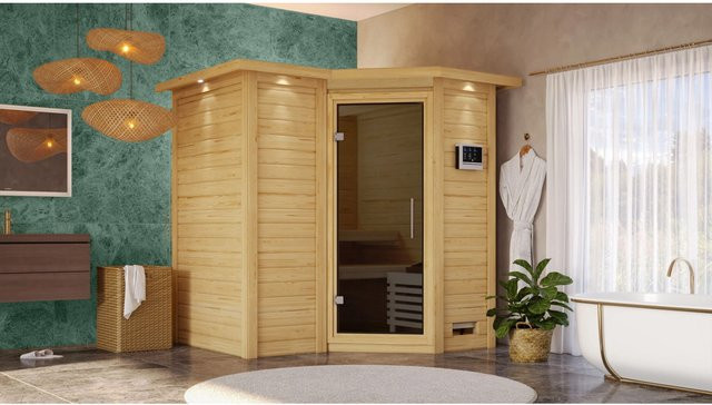 Karibu Massivholzsauna SAHIB 1 aus Fichte und Espe in Natur mit Dachkranz und Ganzglastür in Graphit B/T/H: 193 x 184 x 221 cm - Bild 1