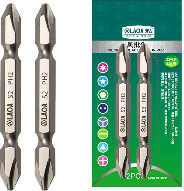 LAOA PH2 Doppelend-Schraubendreher-Bit aus S2-Legierungsstahl, magnetisch, Silber, 2 Stück - Bild 1
