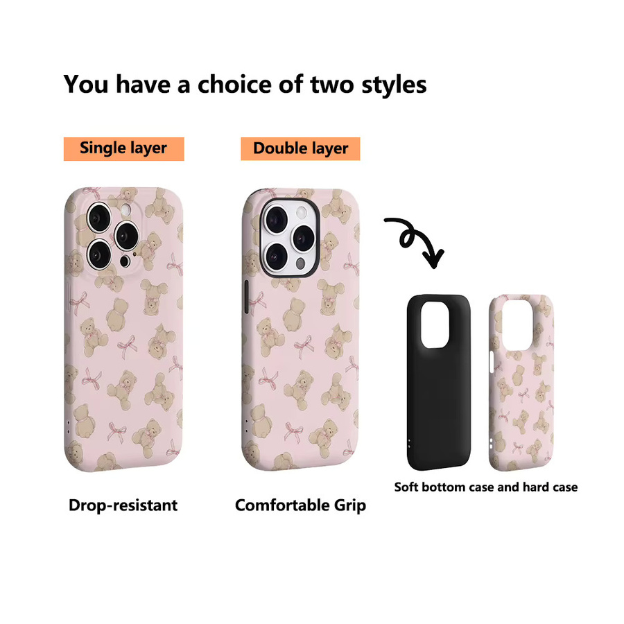Teddybär & Bow Delight Handyhülle für iPhone 17 16 15 14 13 12 11 Pro Max Plus mit doppelschichtiger Rückseite in Pink - Bild 2