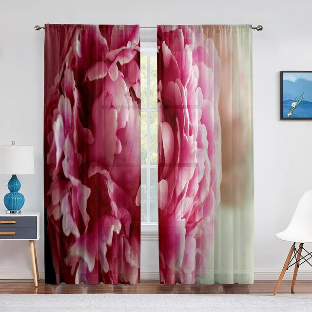 Transparenter Voile-Vorhang von Super Six mit rosa Pfingstrosen und floralem Aquarell-Blumenmuster, Chiffon-Tüllvorhang mit Ösen, Breite: 100 cm, Höhe: 250 cm - Bild 1