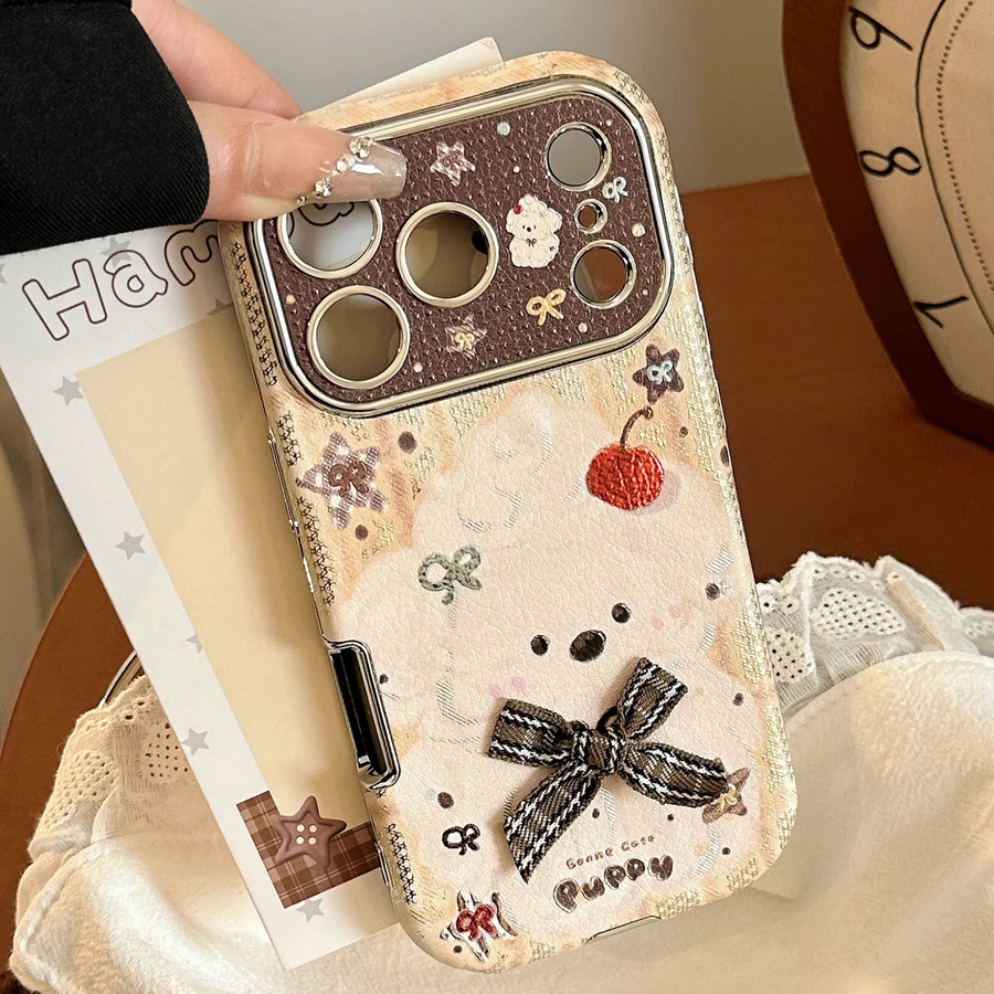 MUQGEW Handyhülle mit Koreanischem Cartoon Welpen Design und Kuchen Anhänger aus Leder Textur für iPhone 11 bis iPhone 17 Pro Max, Stoßfest, Mehrfarbig - Bild 5