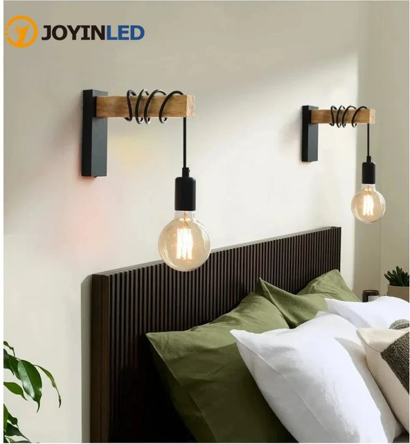JOYINLED Retro Wandleuchte aus Holz im Industriestil mit E27 Fassung, Schwarz, Warmweißes Licht - Bild 1
