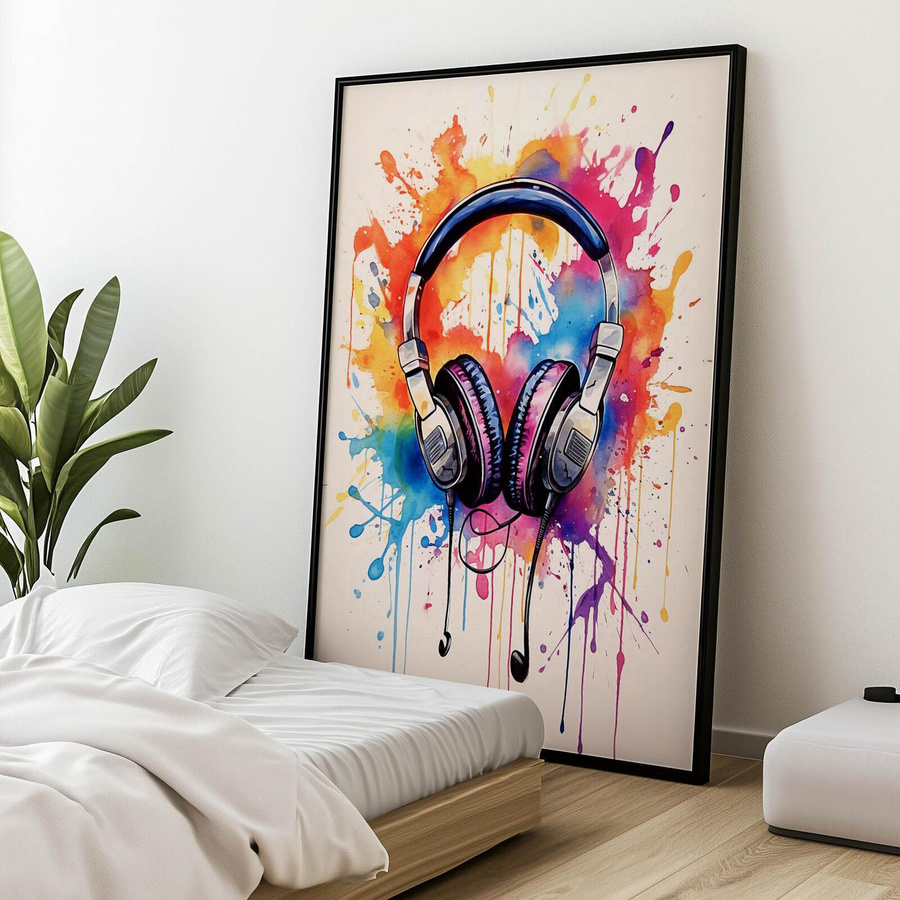 Musik der Farben: Kopfhörer Kunstdruck in Aquarelltechnik, Multicolor, B/H: 30 x 40 cm, mit hellem Eichenholzrahmen und mattem Papier - Bild 4