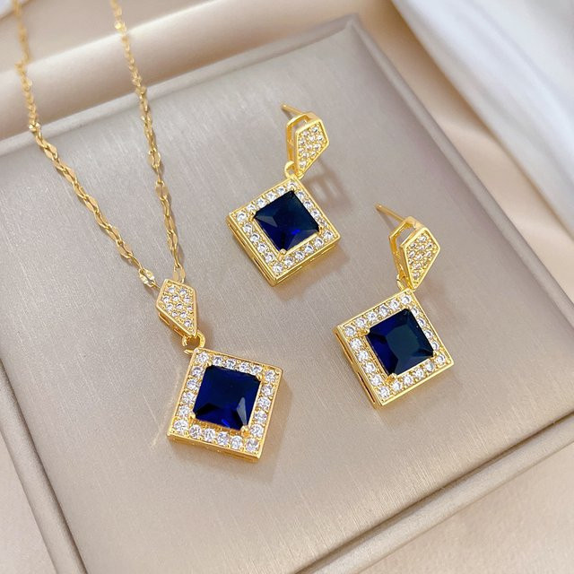 ZAKOL Halskette und Ohrringe-Set, Geometrie-Quadrat, Saphir, Gold, Damen - Bild 1