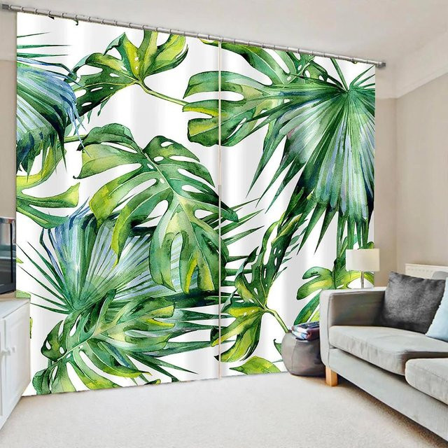 Botanisch bedruckte Vorhänge mit Kaktus- und Blattmuster in Grün, Fensterdekoration aus Polyester mit Vorhangstangen-Tasche, B/H: 200 x 50 cm - Bild 1