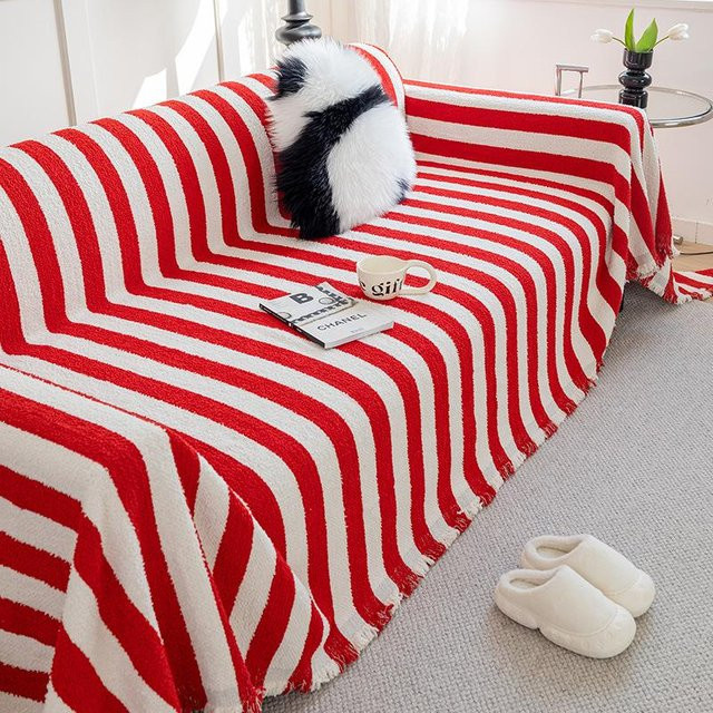 JINGYUE Pet Sofatuch im nordischen Design, verdickter Sofabezug aus Chenille, rot gestreift, B/T: 180 x 130 cm - Bild 1