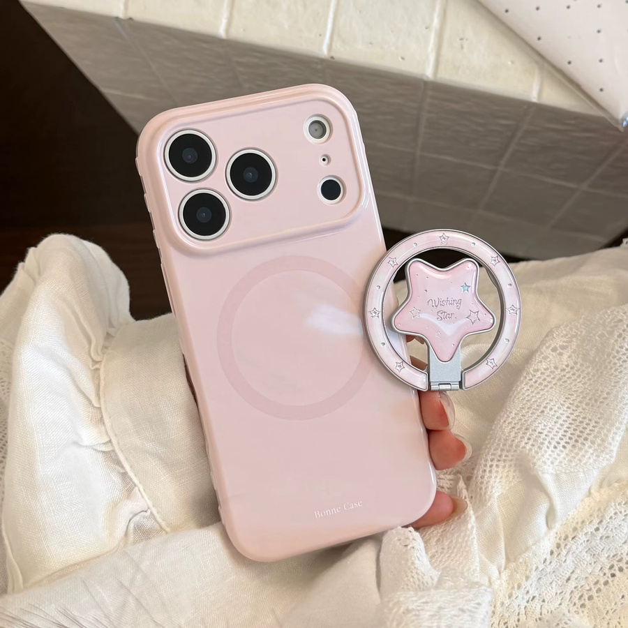 Glänzende Schutzhülle für Apple iPhone 17 16 15 14 13 Pro Max in Pink mit vergoldetem Stern-Magnethalter - Bild 3