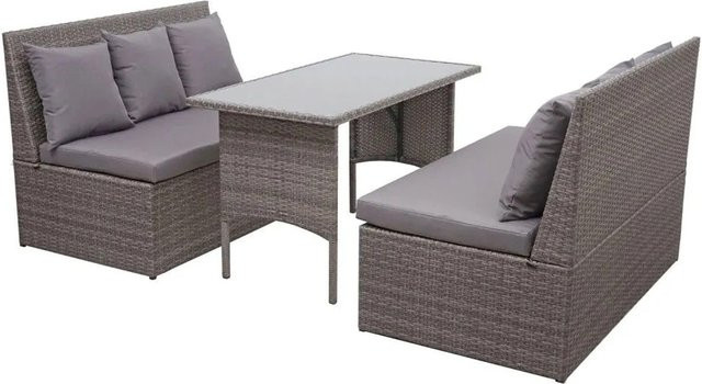 MCW Poly-Rattan Gartenmöbel Garnitur G16 mit 2x2er Sofa und Tisch in Grau inklusive dunkelgrauer Kissen - Bild 1