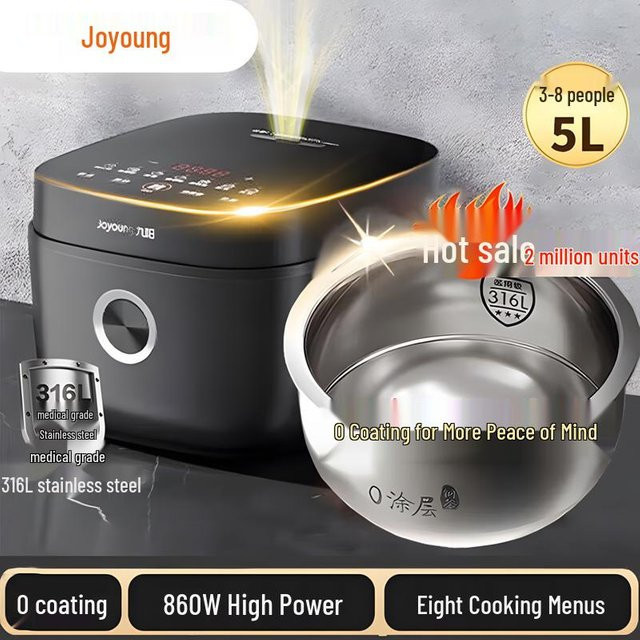 Joyoung Smarter Reiskocher mit 5L Fassungsvermögen, Schwarz, 316L Edelstahl-Beschichtung, CN-Stecker inklusive Adapter - Bild 1