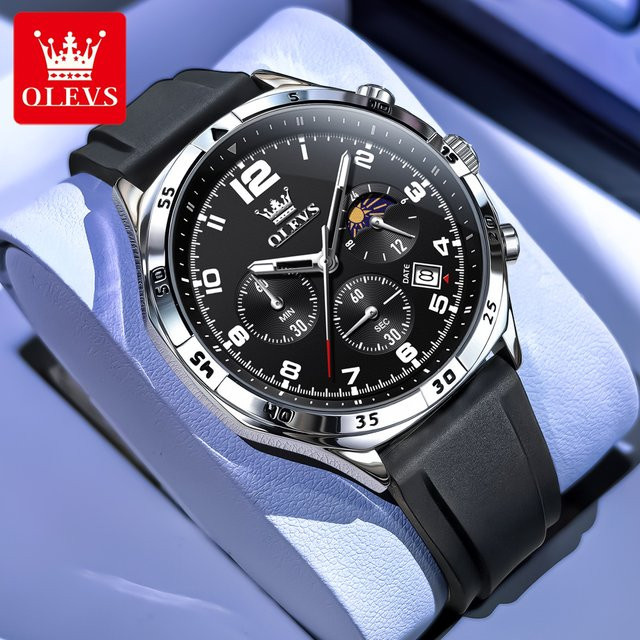 OLEVS Herrenuhr, Quarz, Mondphase, Datum, 42 mm, Silikonarmband, Schwarz - Bild 1