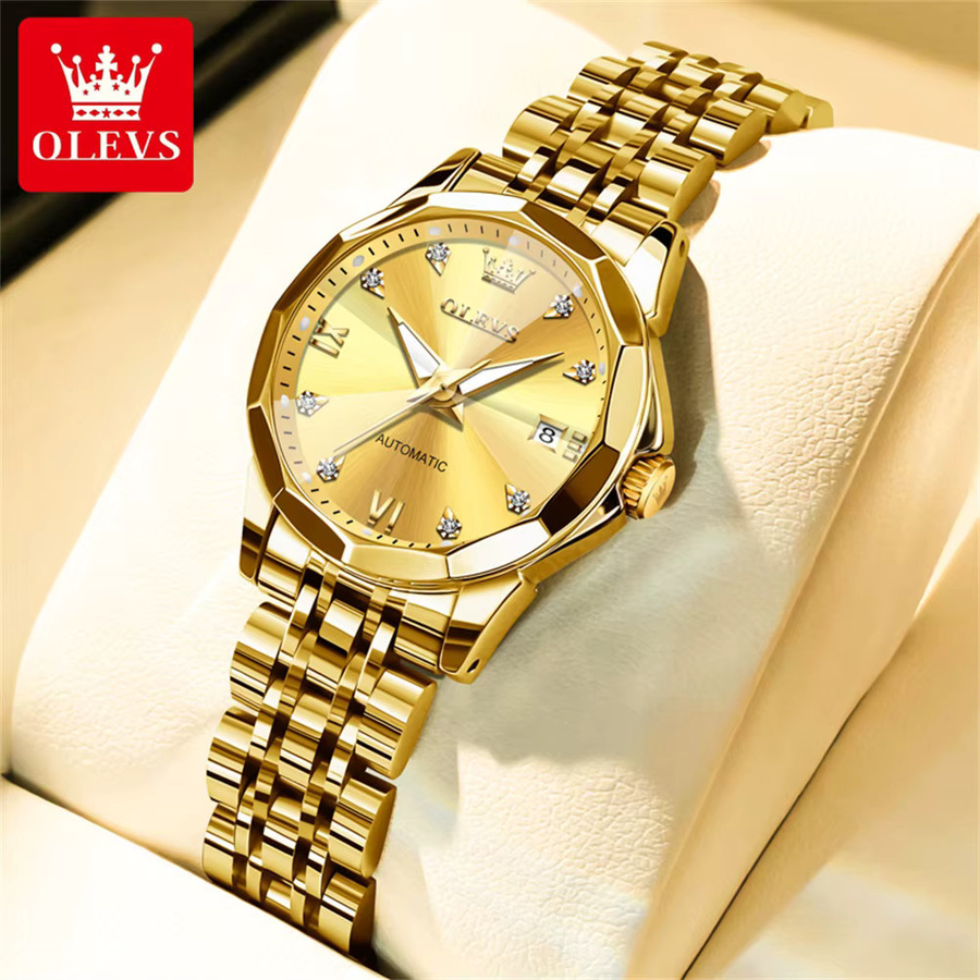 OLEVS Armbanduhr Automatik, Edelstahl, Gold, Bicolor, Kristall, Damen - Bild 2