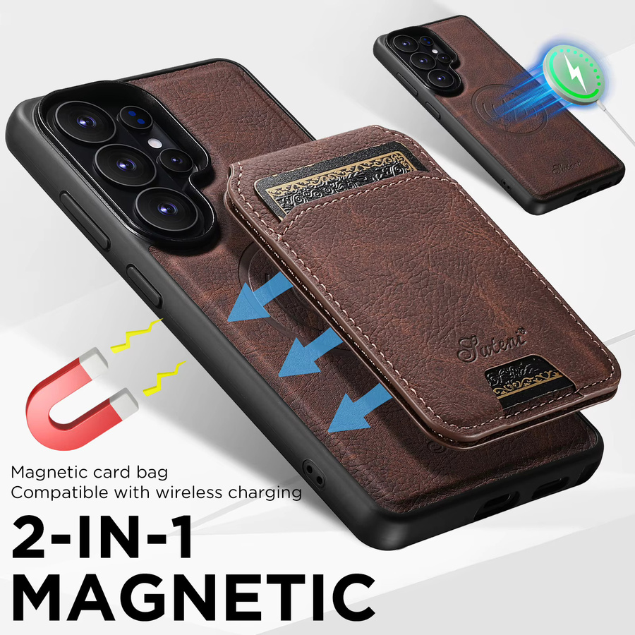 SUTENI Kunstleder Handyhülle mit Magnetkartenhalter und Ständer für Samsung Galaxy S26 Ultra S25 Plus S24 S23+ in Braun mit kabelloser Ladefunktion - Bild 5