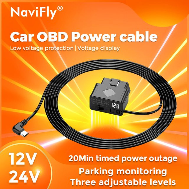 NaviFly Auto OBD-Stromkabel Typ-C in Schwarz mit Parküberwachung und Niederspannungsschutz für 12V/24V mit 20-Minuten-Timing - Bild 1