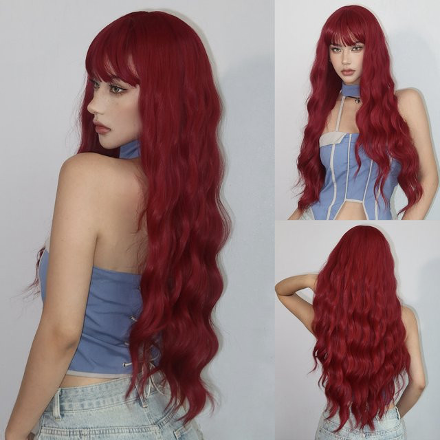 HAIRCUBE Perücke, lange Wasserwelle, Burgunder Weinrot, mit Pony, Damen - Bild 1
