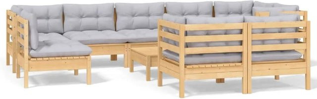 vidaXL 10-tlg. Garten-Lounge-Set aus massivem Kiefernholz in U-Form mit grauen Polstern und Kissen - Bild 1