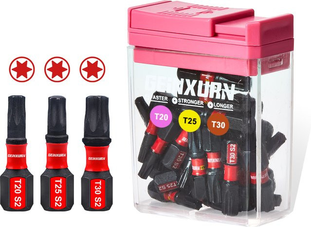 Geinxurn 30-teiliges Schlag-Torx-Schraubendreher-Bit-Set aus S2-Stahl in Rosa mit Aufbewahrungsbox - Bild 1