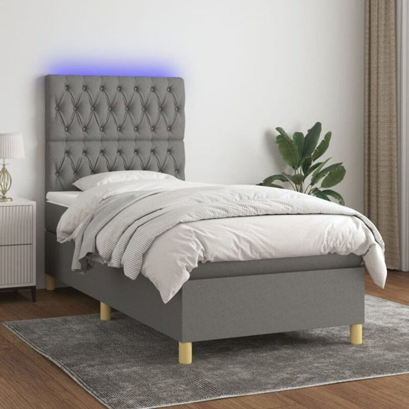 vidaxl Boxspringbett mit Matratze und LED in Anthrazit Grau aus Stoff, B/T/H: 90 x 190 x 128 cm - Bild 1