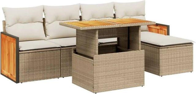 vidaXL 6-teilige Garten-Sofagarnitur aus Poly-Rattan und Akazienholz in Beige-Creme mit Kissen - Bild 1