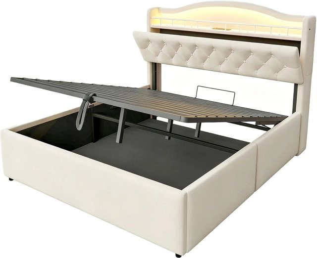 Merax Polsterbett mit USB-Anschluss, LED-Unterbettbeleuchtung und Bettablage in Beige, B/T/H: 140 x 200 x 145 cm - Bild 1