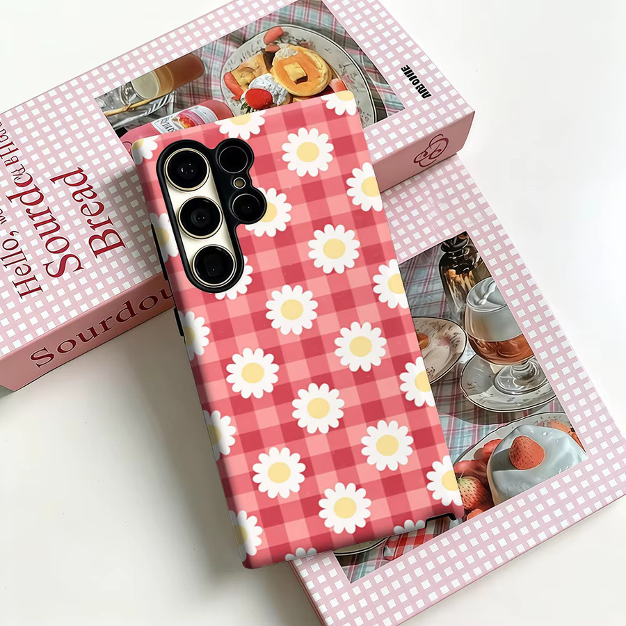 Stoßfeste Handyhülle mit Gänseblümchen und rotem Gingham Muster für Samsung Galaxy S25 Ultra, S24 und S23 Ultra Plus, robuste Doppelschicht Rückabdeckung in Rot - Bild 3