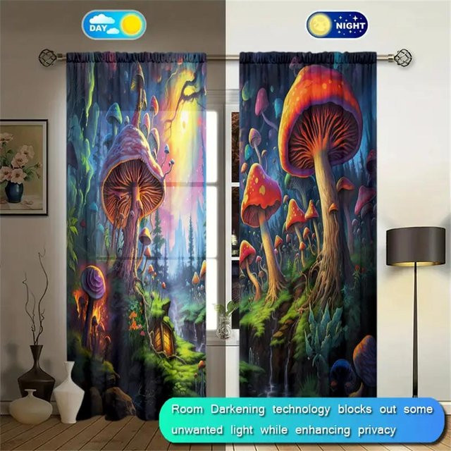 Yiran Furniture Vorhänge mit Pilz, Pflanze und Mond Motiv in Bunt, 2er Set, halbtransparent, Polyester, B: 50 cm, H: 130 cm - Bild 1