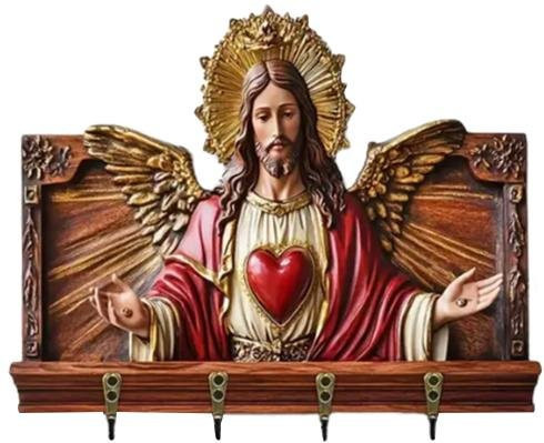 Wandmontierter Schlüsselhalter mit Jesus-Holzschnitzerei als dekorativer Schlüsselorganisator in Mehrfarbig - Bild 1