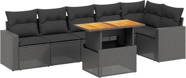 vidaXL 7-teilige Garten-Sofagarnitur in L-Form aus Poly-Rattan und Akazienholz mit Kissen in Schwarz - Bild 1